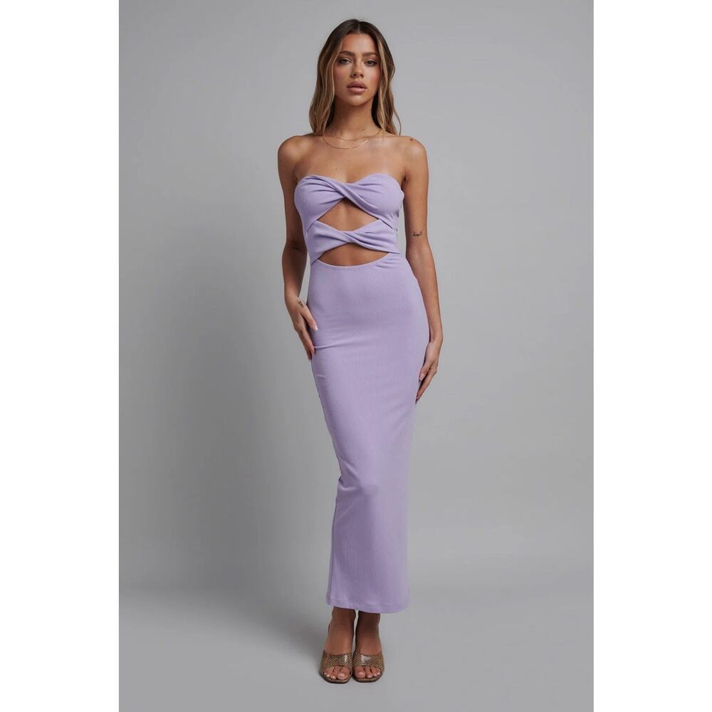 NWT BAYSE Brand Cielo Cut Out Strapless Midi Ribbed Dress Medium Lilac Purple